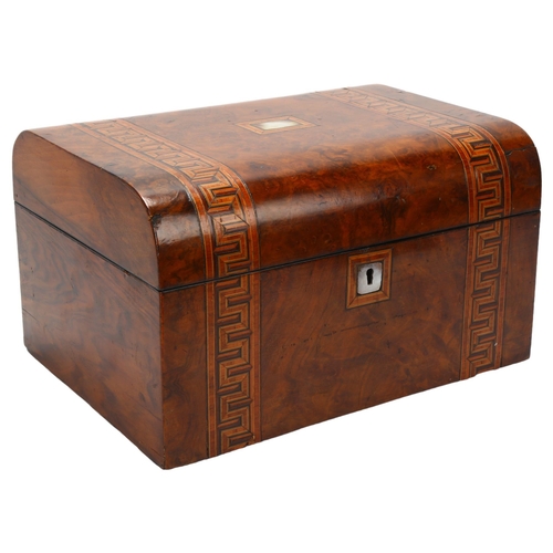 39 - A Victorian walnut and Greek Key inlaid sewing box, the interior fitted with glass and silver-topped... 