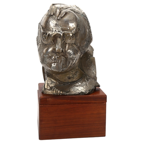 4 - Manolis Tzibonakis, bronze sculpture, abstract head, hardwood stand, with gallery catalogue about th... 