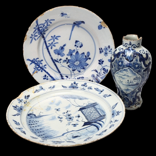 41 - 2 x 18th century Delft blue and white pottery chargers, largest 34cm diameter, and a Delft relief mo... 