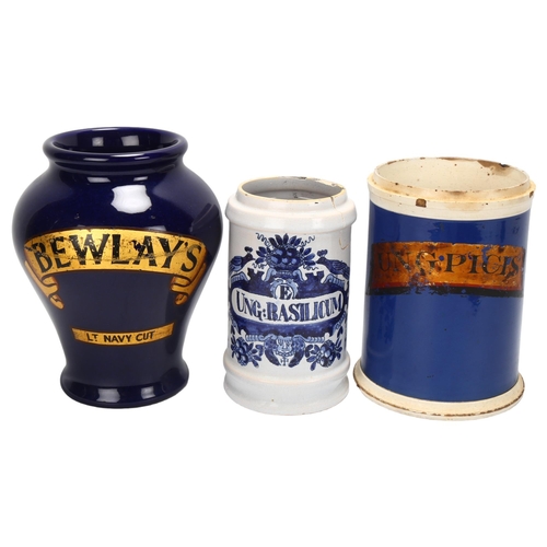 42 - A Doulton blue glaze tobacco jar with gilded label for Bewlay's Navy Cut, height 22cm, a 19th centur... 