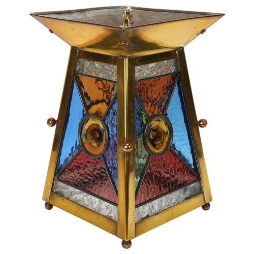 44 - A Victorian brass hanging lantern light shade, with coloured glass leadlight panels, height 29cm, wi... 