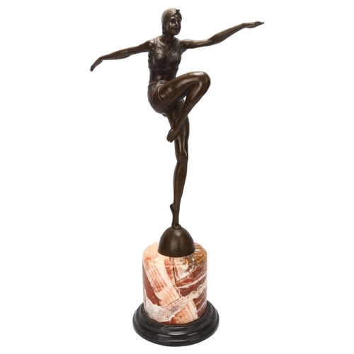 63 - A reproduction bronze dancing figure on marble base, height 58cm