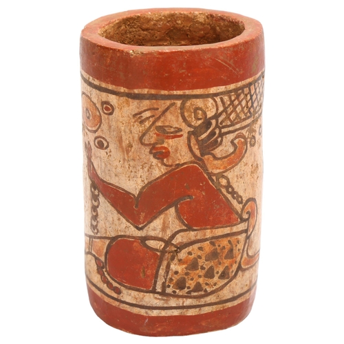 70 - A South American pottery, pre-Colombian style cylindrical drinking vessel, with painted decoration, ... 