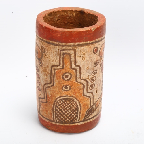 70 - A South American pottery, pre-Colombian style cylindrical drinking vessel, with painted decoration, ... 