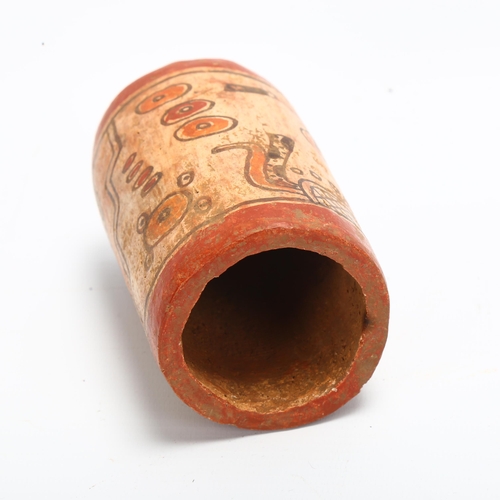 70 - A South American pottery, pre-Colombian style cylindrical drinking vessel, with painted decoration, ... 