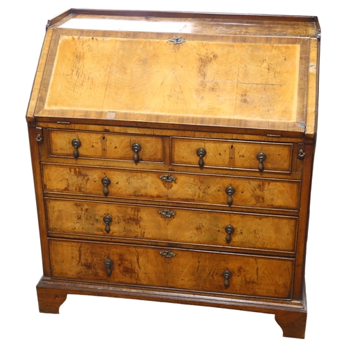 78 - A 19th century pale walnut bureau, with panelled sides, width 94cm, height 101cm