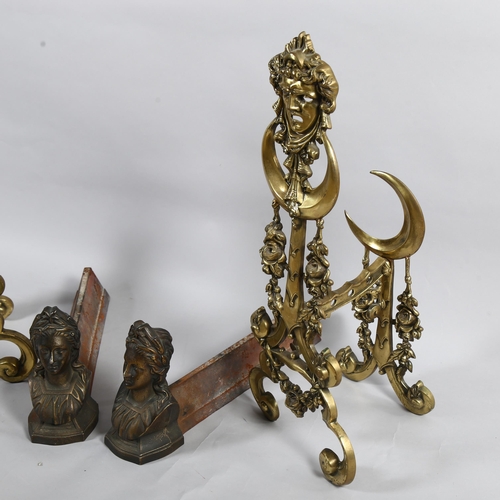 80 - A pair of cast-brass fireplace chenets with mask decorations, height 58cm, and a pair of bronze Clas... 