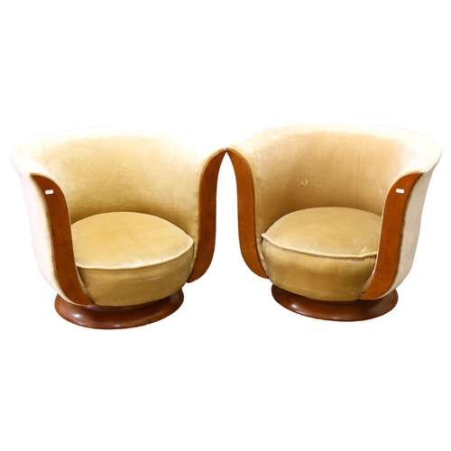 83 - A pair of French Art Deco tulip chairs, from the Hotel Le Milandre, maple show-wood arm fronts and w... 