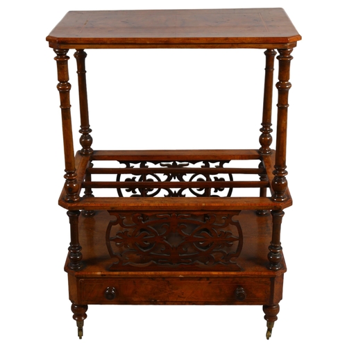 84 - A Victorian inlaid walnut 2-tier Canterbury whatnot, with drawer fitted base and pierced fretwork pa... 