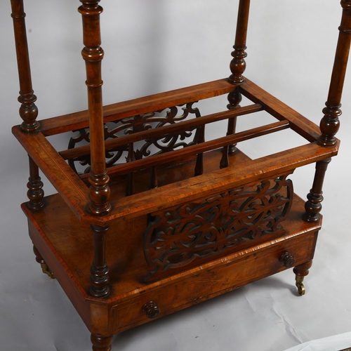 84 - A Victorian inlaid walnut 2-tier Canterbury whatnot, with drawer fitted base and pierced fretwork pa... 