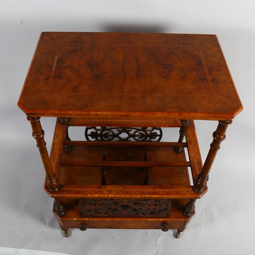 84 - A Victorian inlaid walnut 2-tier Canterbury whatnot, with drawer fitted base and pierced fretwork pa... 