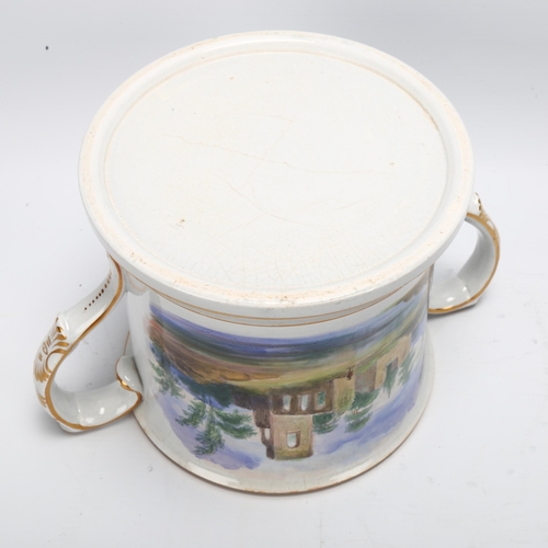 91 - A large 19th century English pottery 2-handled loving cup, with hand painted scene depicting church ... 