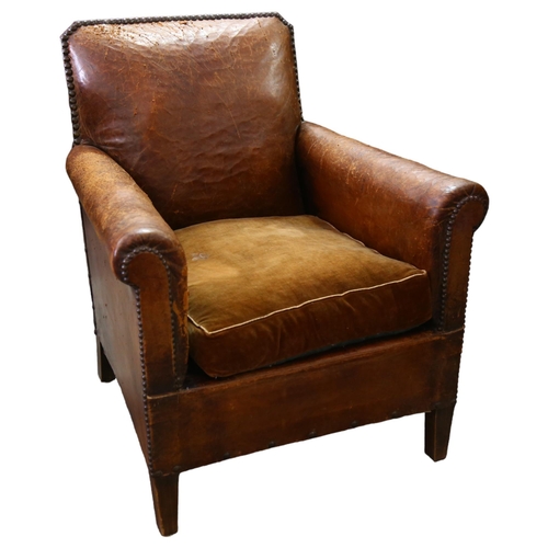 208 - A vintage brown leather club chair, height 83cm, width 72cm