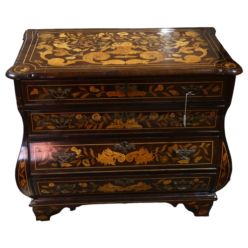 213 - An 18th century Dutch Marquetry four drawer bombe chest, height 76cm, width 91cm, depth 51cm