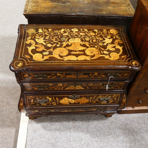 213 - An 18th century Dutch Marquetry four drawer bombe chest, height 76cm, width 91cm, depth 51cm