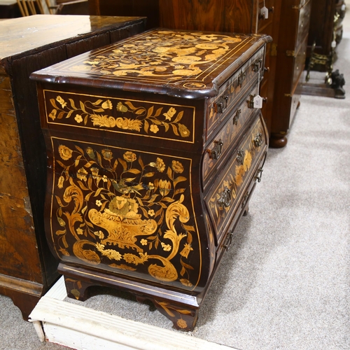 213 - An 18th century Dutch Marquetry four drawer bombe chest, height 76cm, width 91cm, depth 51cm