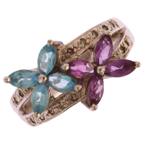 1261 - A modern 9ct white gold amethyst blue topaz and diamond flowerhead ring, setting height 12mm, size Q... 