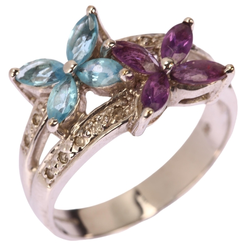 1261 - A modern 9ct white gold amethyst blue topaz and diamond flowerhead ring, setting height 12mm, size Q... 