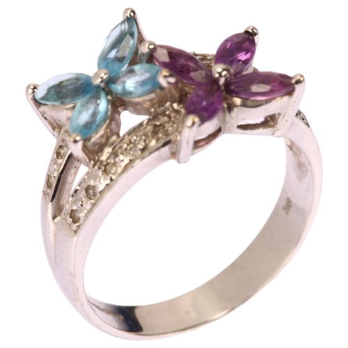 1261 - A modern 9ct white gold amethyst blue topaz and diamond flowerhead ring, setting height 12mm, size Q... 