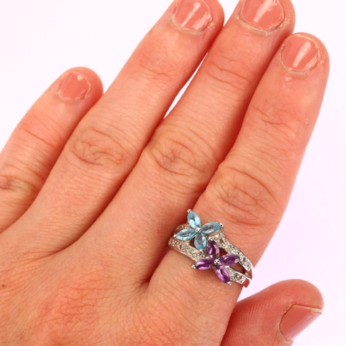 1261 - A modern 9ct white gold amethyst blue topaz and diamond flowerhead ring, setting height 12mm, size Q... 