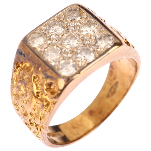 1264 - A heavy late 20th century 18ct gold nine stone diamond signet ring, maker SAJ, London 1978, set with... 