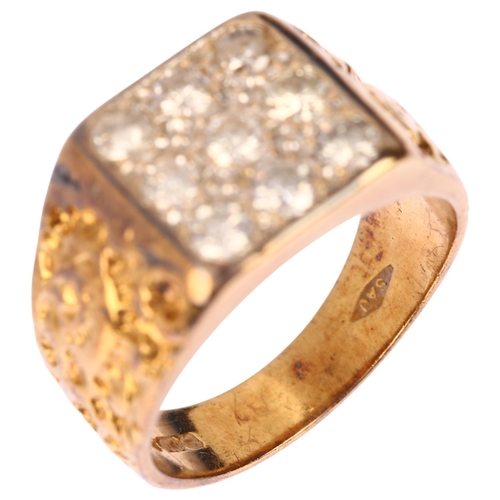 1264 - A heavy late 20th century 18ct gold nine stone diamond signet ring, maker SAJ, London 1978, set with... 