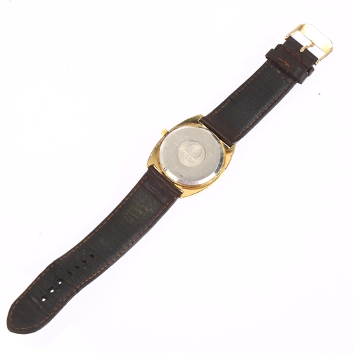 1012 - OMEGA - a gold plated stainless steel Day/Date quartz wristwatch, ref. 196.0066, circa 1975, champag... 