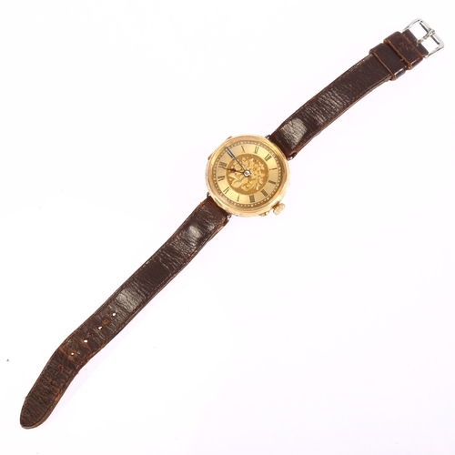 1017 - A Continental 14ct gold converted fob watch wristwatch, engraved floral dial with Roman numeral hour... 