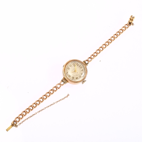 1039 - An early 20th century 9ct rose gold mechanical bracelet watch, silvered dial with applied gilt Arabi... 