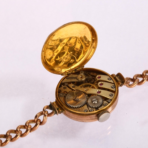 1039 - An early 20th century 9ct rose gold mechanical bracelet watch, silvered dial with applied gilt Arabi... 