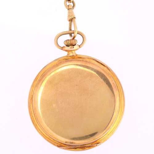 1045 - An Art Deco style 9ct rose gold open-face keyless pocket watch, silvered dial with hand painted Arab... 