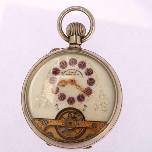 1047 - An early 20th century nickel open-face keyless pocket watch, by Hebdomas, white enamel dial with han... 