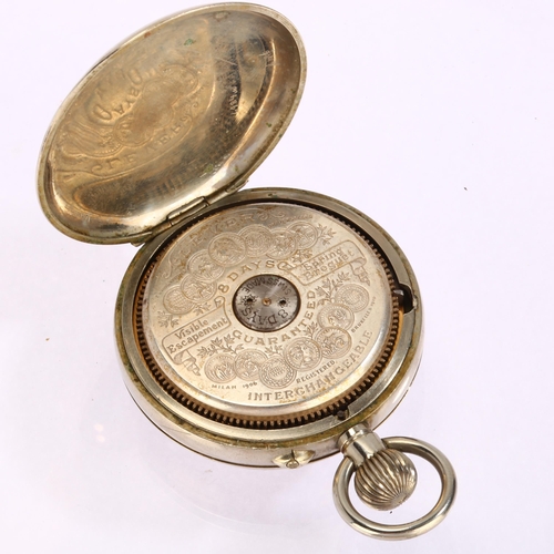 1047 - An early 20th century nickel open-face keyless pocket watch, by Hebdomas, white enamel dial with han... 