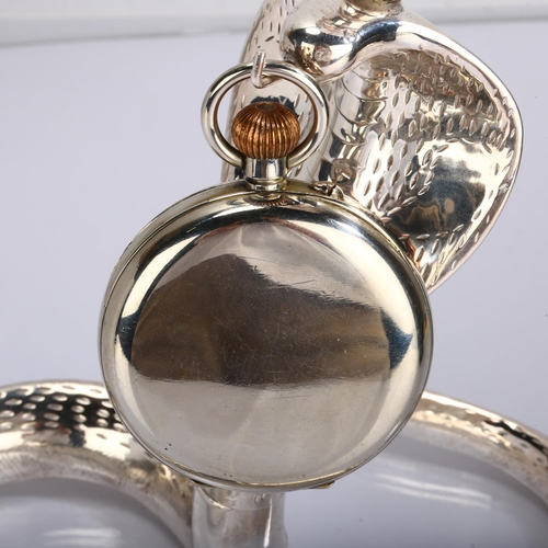 1048 - An aluminium figural cobra snake pocket watch stand/candlestick, with nickel Goliath pocket watch, c... 