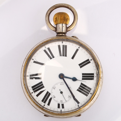 1049 - An early 20th century nickel open-face keyless Goliath pocket watch, white enamel dial with Roman nu... 