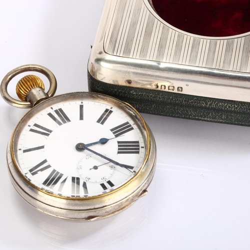 1049 - An early 20th century nickel open-face keyless Goliath pocket watch, white enamel dial with Roman nu... 