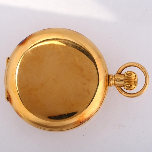 1050 - An early 20th century 18ct gold full hunter keyless pocket watch, white enamel dial with Roman numer... 