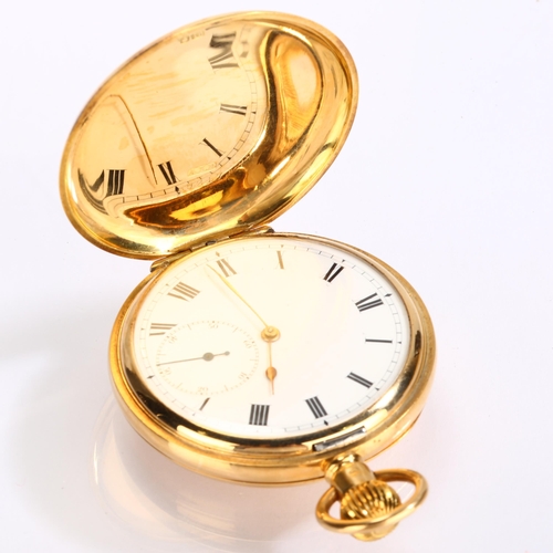 1050 - An early 20th century 18ct gold full hunter keyless pocket watch, white enamel dial with Roman numer... 