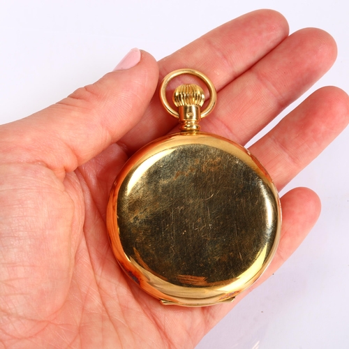 1050 - An early 20th century 18ct gold full hunter keyless pocket watch, white enamel dial with Roman numer... 