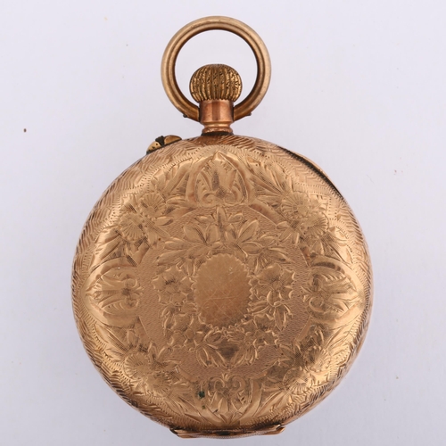 1053 - A Continental 9ct rose gold open-face keyless fob watch, circa 1900, white enamel dial with hand pai... 