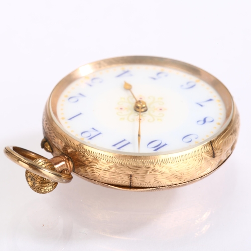 1053 - A Continental 9ct rose gold open-face keyless fob watch, circa 1900, white enamel dial with hand pai... 