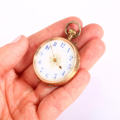 1053 - A Continental 9ct rose gold open-face keyless fob watch, circa 1900, white enamel dial with hand pai... 