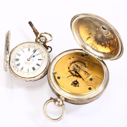 1055 - 2 silver open-face key-wind pocket watches, including Waltham model, largest case width 52mm, not cu... 