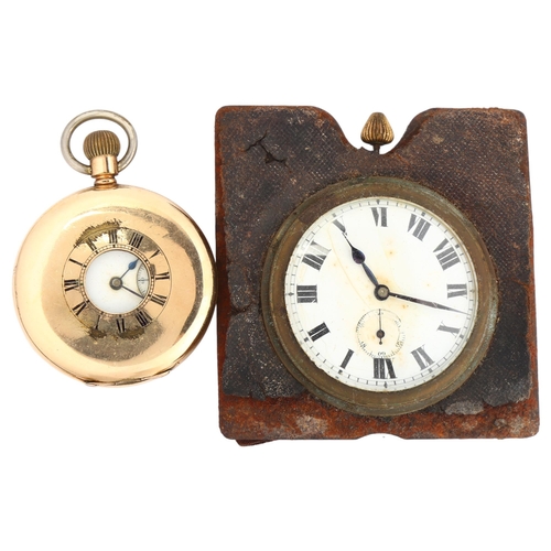 1061 - An early 20th century gold plated half hunter keyless pocket watch, and a leather-cased travelling c... 