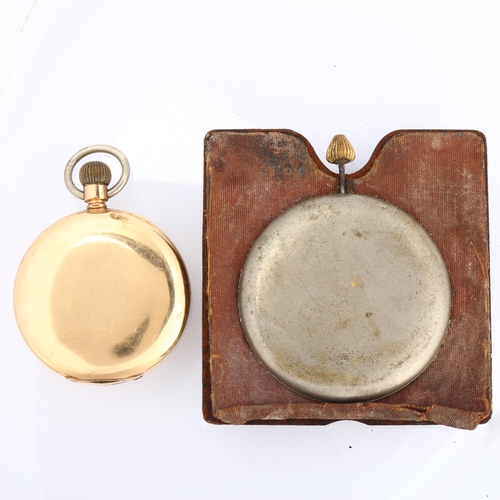 1061 - An early 20th century gold plated half hunter keyless pocket watch, and a leather-cased travelling c... 