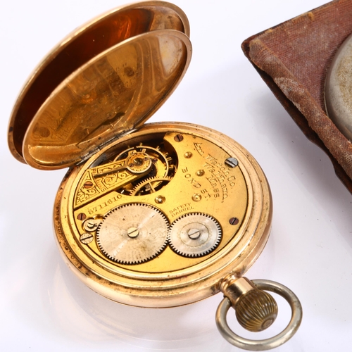 1061 - An early 20th century gold plated half hunter keyless pocket watch, and a leather-cased travelling c... 