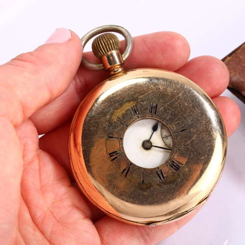 1061 - An early 20th century gold plated half hunter keyless pocket watch, and a leather-cased travelling c... 