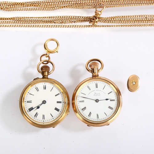 1062 - 2 gold plated open-face keyless fob watches, with gold plated long guard chains, both working order ... 