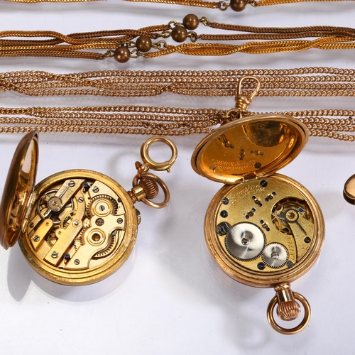 1062 - 2 gold plated open-face keyless fob watches, with gold plated long guard chains, both working order ... 