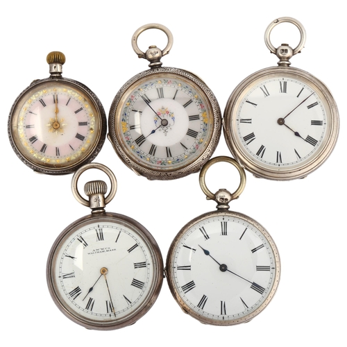 1066 - 5 Continental silver fob watches, including Waltham example, largest case width 38mm (5)